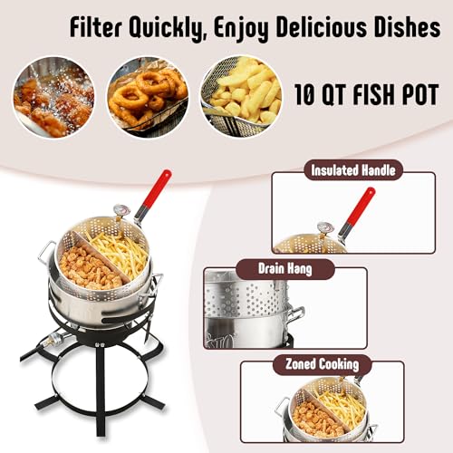Feasto 10 Qt Aluminum Outdoor Propane Gas Fish Fryer Pot Kit with Strainer Basket, 50,000 BTU Burner, Adjustable 0-5 PSI Regulator, Perfect for Boiling and Frying - Thumbnail 4