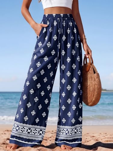 Image of PRETTYGARDEN Womens Pants Elastic Waist Floral Lightweight Palazzo Pants for Women Casual Lounge Wide Leg Pants Woman