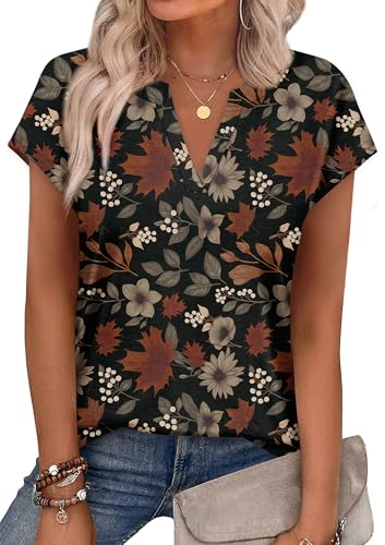 WIHOLL Womens Summer Tops V Neck T Shirts Cap Sleeve Business Casual Outfits Loose Fit Beach Vacation Clothes Basic Tees