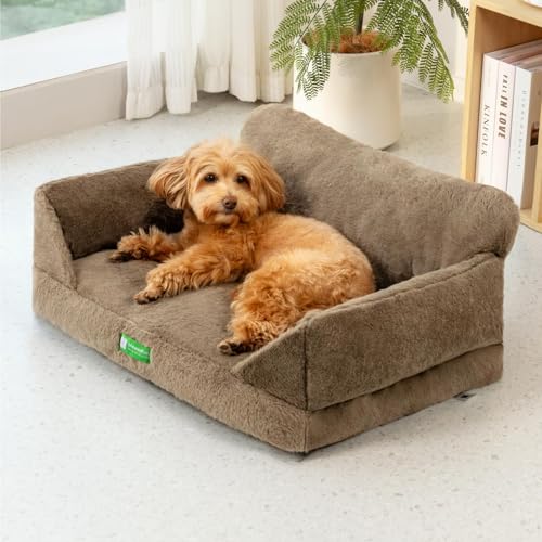MEWOOFUN Katzen Sofa Katzenbett für Wohnungskatzen, Niedlich Kätzchen Bett Haustiersofa mit abnehmbarem, waschbarem Bezug und Rutschfester Unterseite für kleine Hunde (Braun, M)