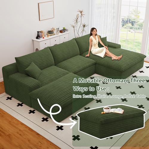 Image of 107 inch Cloud Couch Modular Sectional Sofa for Living Room, U-Shape Boneless Couch with Deep Seat, Modern Corduroy 3-Seater with Ottoman, No Assembly Required (Green,Right-Facing Chaise)