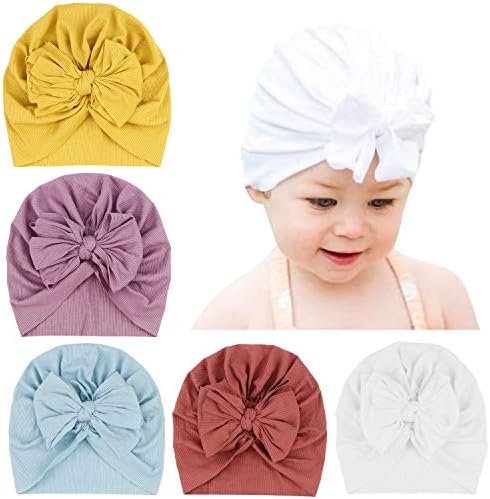 DRESHOW 5 Pcs Baby Turban Cloth Hat Baby Girl Soft Cute Toddler Cap Hat Knot Rabbit Hospital Hat
