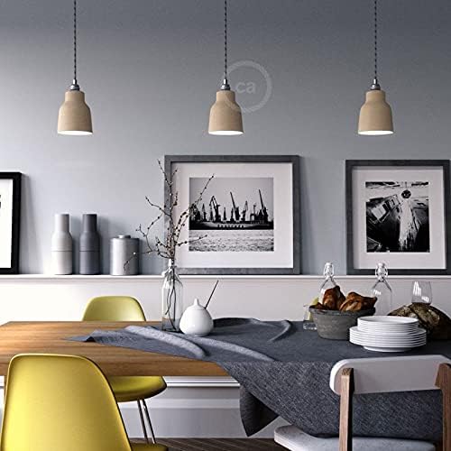 creative cables Hanglamp, gemaakt in Italië, compleet met textielkabel, lampenkap van keramiek en afwerking van metaal, zonder lamp, taupe gestreept, wit photo 3