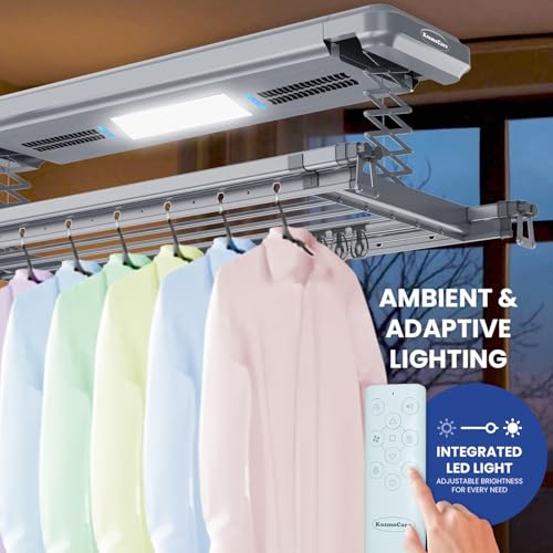 Image of KosmoCare Aluminum Pro Ceiling Mounted Electric Clothes Drying Rack|LED & UV Lights|Smart Motorized Laundry|Smart Clothes Hanger for & Balcony|Remote Control Drying Poles,Grey