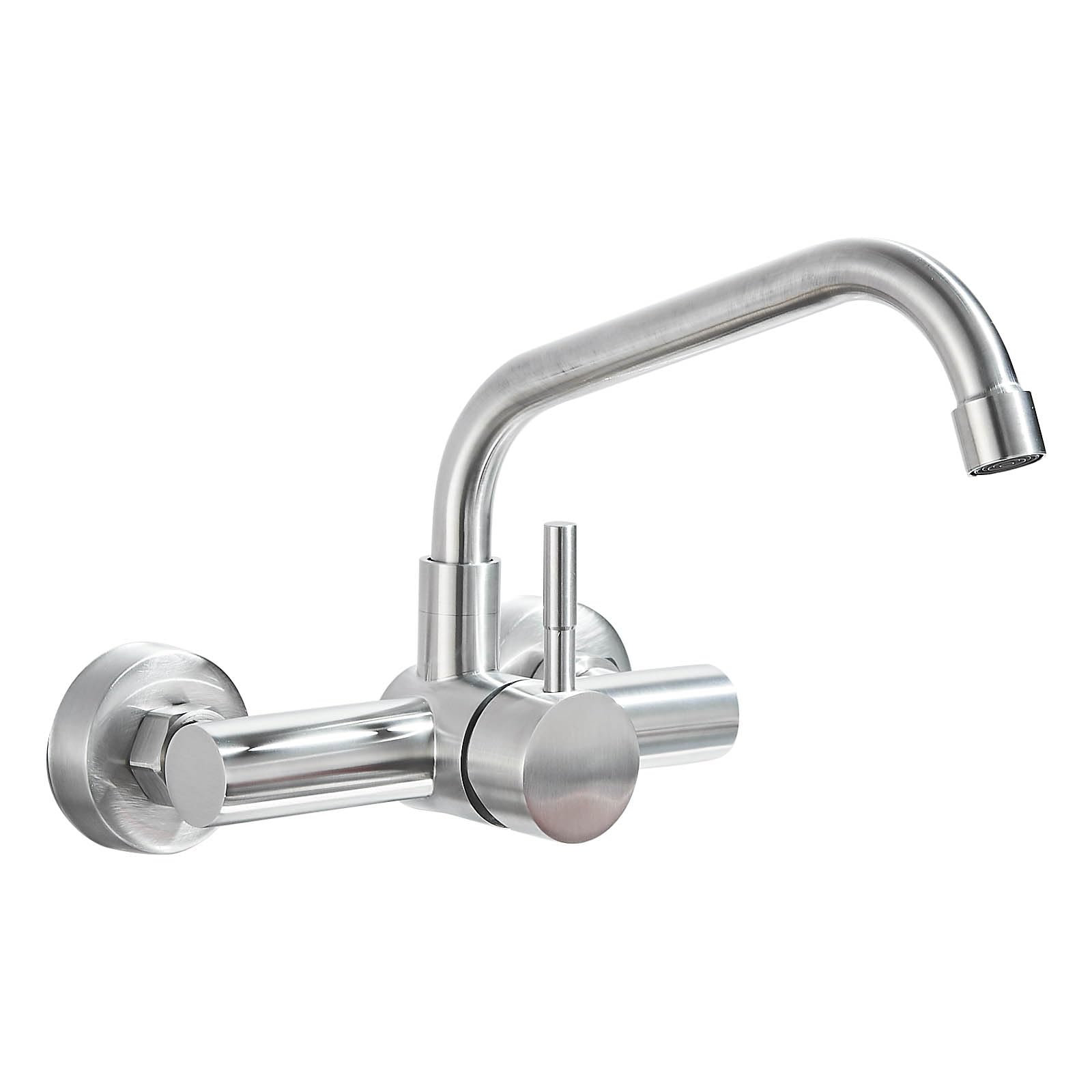 Grifo Cocina de Pared 15 cm Orificio de Montaje, Grifería de Mezclador Monomando de Acero Inoxidable 304, Grifería de Fregadero Rotación de 360​°, Agua Fría y Caliente, Plateado