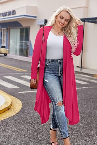 IN'VOLAND Women's Plus Size Cardigan Long Sleeve Open Front Drape Cardigans Lightweight Long Duster Rose Red - Thumbnail 2