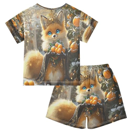 ALAZA Fox with Crown Pajamas Set Short Sleeve Cotton Sleepwear Summer Pjs 2 Piece 5-14Y2