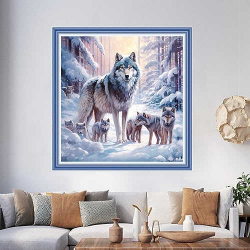 Image of Foxhool Beginners Cross Stitch Kits Stamped Full Range of Embroidery Kits for Adults DIY Cross Stitches kit Embroidery Patterns for Needlepoint kit-Snow Wolf 17.7x17.7 inch