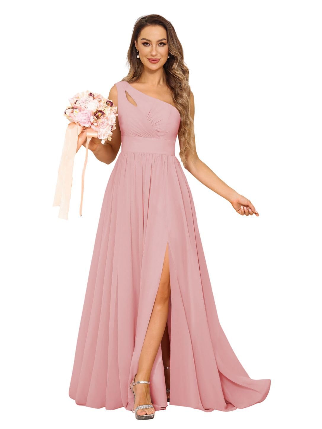 Stylefun One Shoulder A-Line Bridesmaid Dress with Slit Chiffon Pleated Formal Evening Gowns for Women STN030
