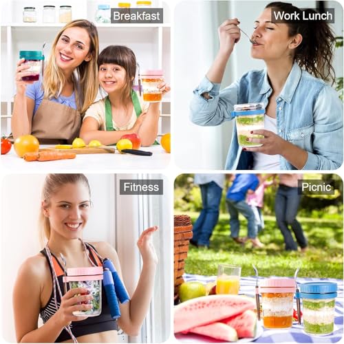 Image of KELVEE Reusable Overnight Oats Jars, 2-Pack Mason Jars with Lids and Spoons, Glass Overnight Oats Container, 350ml, portable yogurt jar, cereal Container, salad Jar (Multicolor) (2)