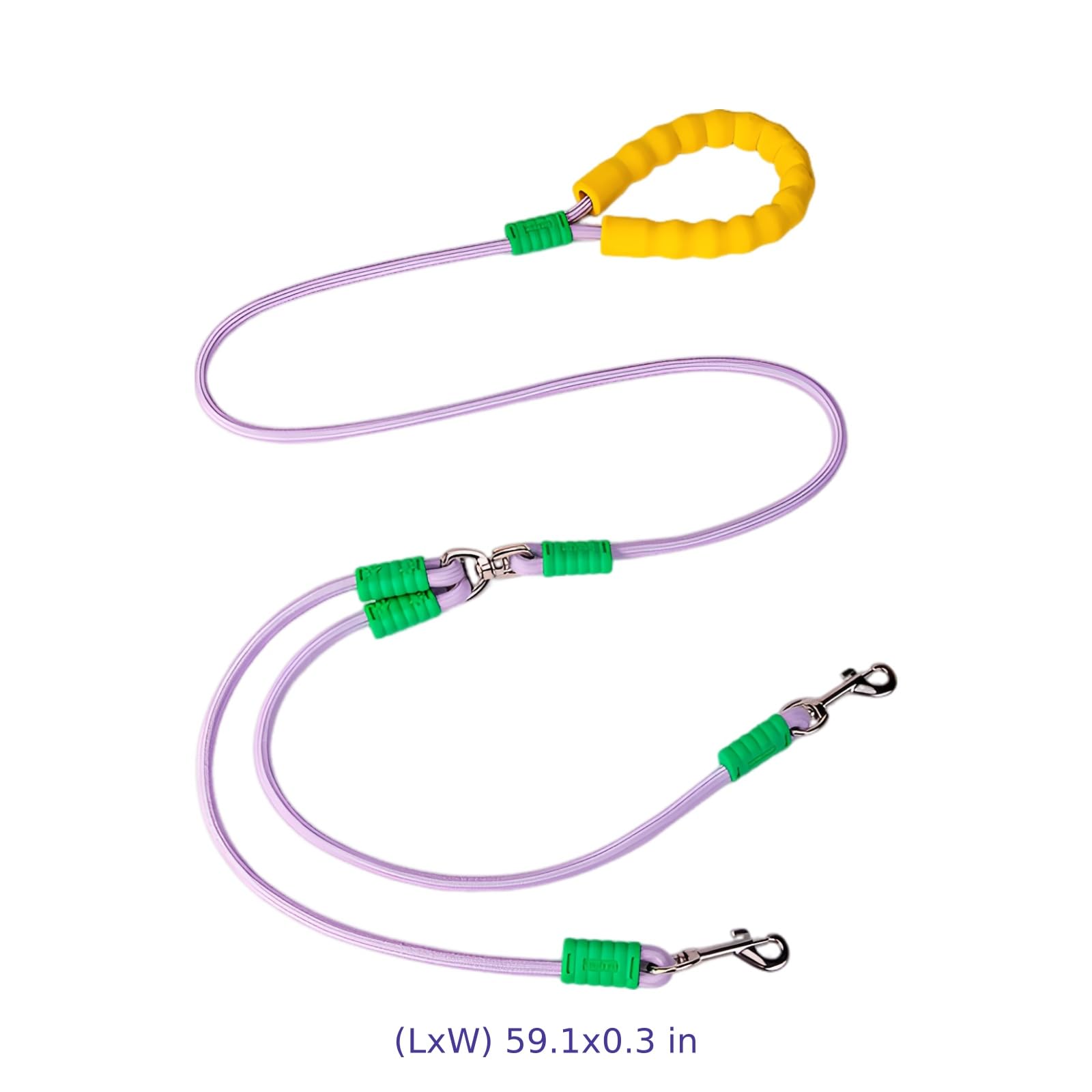 Laisse Double pour Deux Chiens, Conception Anti-Traction, Taille M, 0,8 cm d'épaisseur, 150 cm de Longueur, Nylon avec poignée Mousse, Laisse élastique Extensible, Jaune et Violet