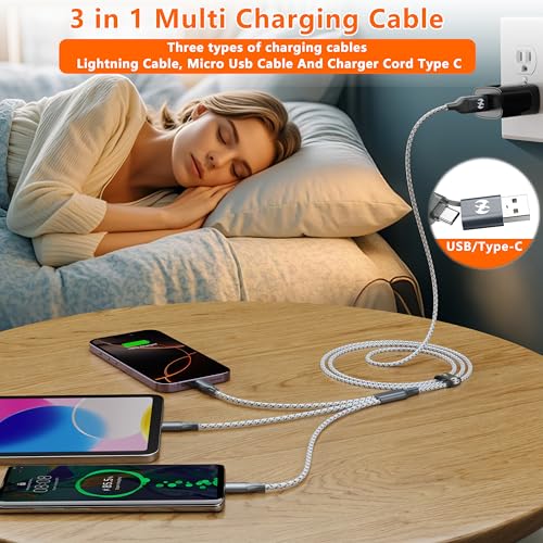 Multi Charging Cable 3PACK 4FT 3 in 1 Charging Cable, USB A/C Multi Phone Charger Cables for Multiple Devices,Usb C/Micro USB/Type C/IP Lightning for iPhone16-5/Pro/Plus/Cell Phones Tablet Pad image 4