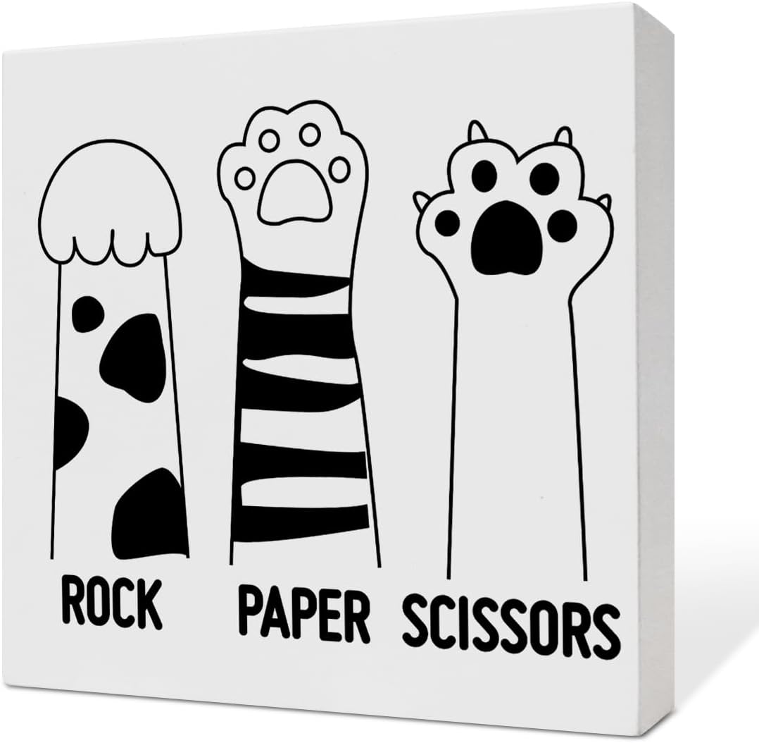 Cat Decor, Cat Decorations for The Home Bedroom Living Room, Cat Decor for Home Office Desk, Cat Gifts for Cat Lover Mom Dad, Cat Owner Gifts for Women Men, Wooden Box Cat Decor, Rock Paper Scissors