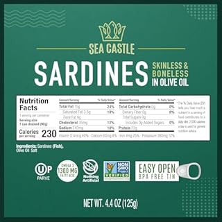Sea Castle Skinless & Boneless Sardines in Pure Olive Oil 125g (Case of 12) | Rich in Omega 3, Easy Open BPA Free Tin, Kosher