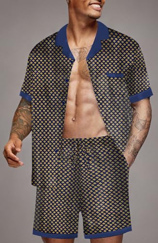Image of Ekouaer Mens Satin Pajamas Set Button-Down Short /Long Sleeve Shirt Top Soft Silk Sleepwear Loose Pocket Pant Loungewear