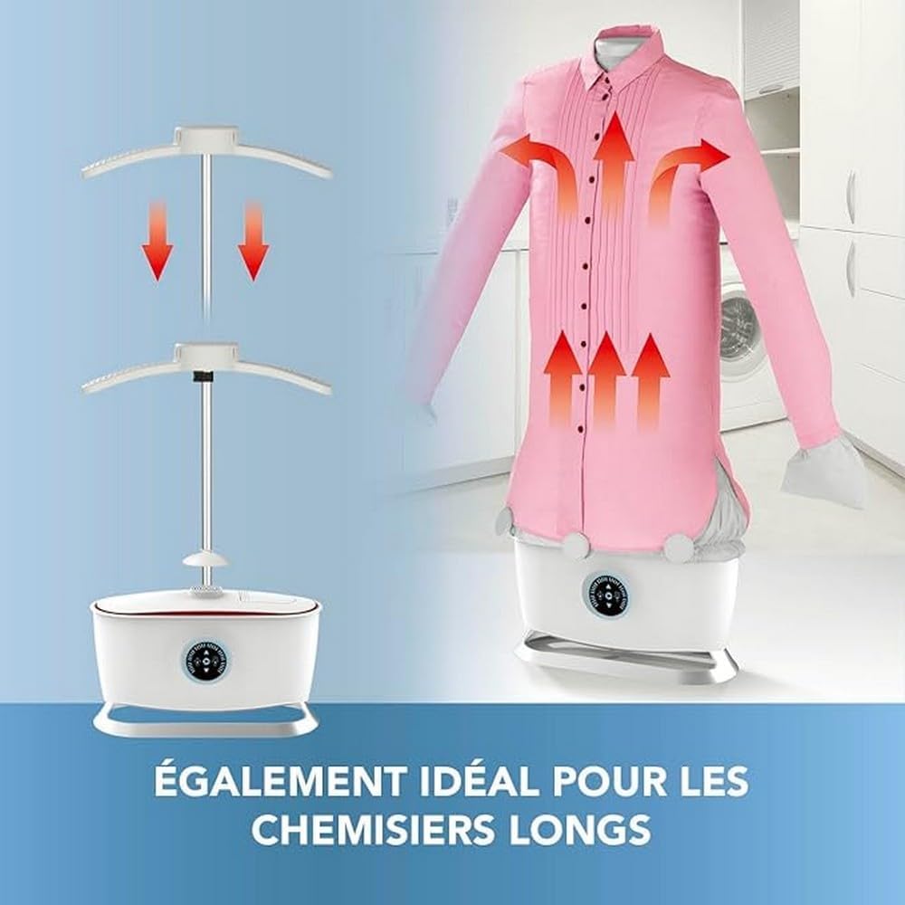 CLEANmaxx automatska mašina za peglanje košulja sa dugom ružičastom bluzom, demonstrirajući svoju sposobnost za duže odjevne predmete.