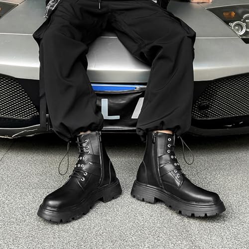 Image of Men's Black Leather Platform Ankle Boots Lace up Side Zip Adjustable Buckle Lug sole Non-Slip Combat Booties Fashion Punk Motorcycle Boots