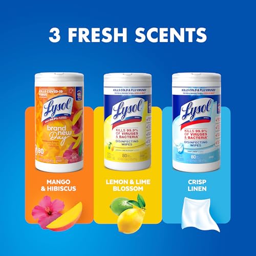 Lysol Disinfectant Wipes Bundle, Dorm Room Essentials, Multi-Surface Cleaning Wipes, For Disinfecting & Cleaning, Lemon & Lime Blossom, Crisp Linen, Mango & Hibiscus, 3x80 ct - Image 3
