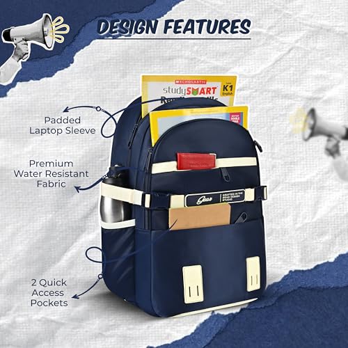 Image of Gear Elegant 19 inch /35L Large Water Resistant School Bag | Casual Backpack | Daypack | Travel Backpack | Kids Bag for Boys /Girls (Navy - Beige)