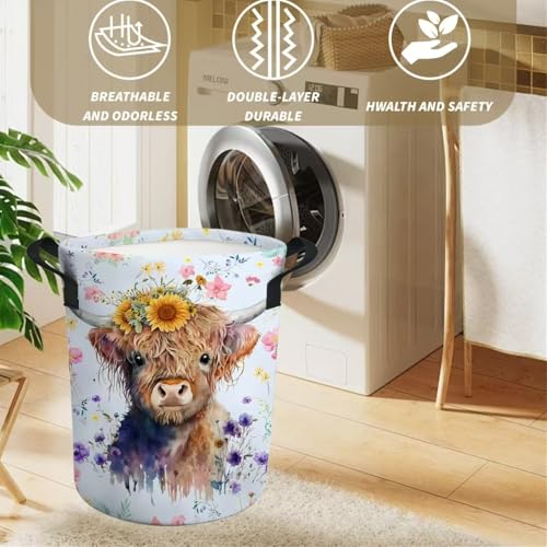 Image of Highland Cow Laundry Basket Gifts for Girls, Girls' Room Decor Baby Nursery Hamper Highland Cow Room Decor 17.7x13.7 Inch