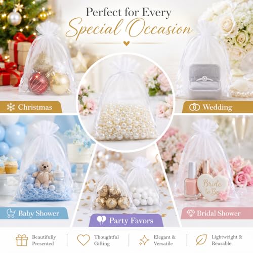 Image of Hopttreely 50Pcs White Organza Bags 6x9 Inches, Large Mesh Gift Bags Drawstring, Jewelry Pouches Candy Treat Sachet Mesh Bag Drawstring for Wedding Party Favors Baby Shower and Fruit Protection