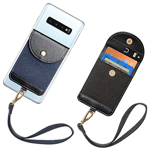 SHANSHUI Card Holder for Back of Phone, 2 Pack Ultra-Slim Self Adhesive Credit Card Holder Cell Phone Pocket Pouch Sleeve Stick on Wallet with Wirstlet for All Most Smartphones - BBlue