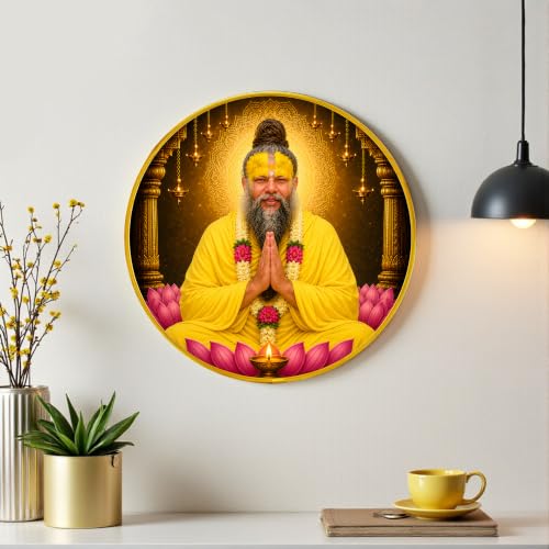 Image of PAINTINGMANTRA Shri Premanand Maharaj Framed Wall Art Painting for Living Room |Spiritual Religious Poster with Round frame for Wall, Decoration item for Home, Meditation Room & Office, 12 Inch