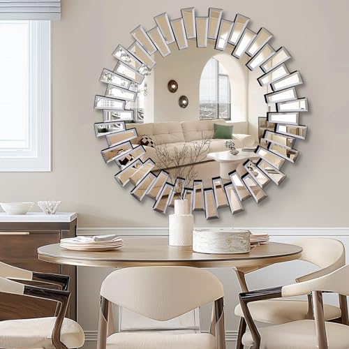 Qdssdeco Round Mirror Sunburst Wall Mirror 31.5 Inch Beveled Edge Frameless For Living Room Bathroom Bedroom Entryway Decor thumb #1