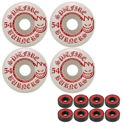Spitfire Skateboard Wheels Burners 54mm 99A White/Red with ABEC 5 Bearings