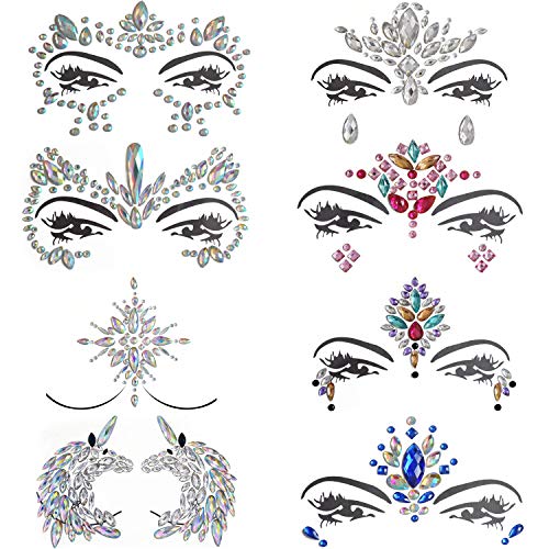 Inifty 8 Sets Women Mermaid Face Gems Glitter & Bindi Breast Chest Body Rhinestone Stickers, Self-Adhesive Stick On Crystal Tattoo Jewelry For Rave Party Bohemian Music Festival Coachella (Style 2)