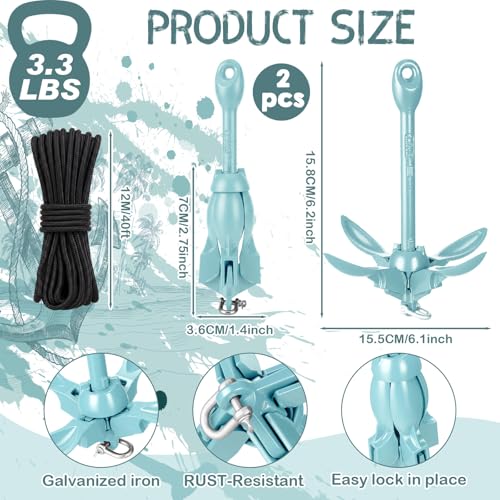 Image of Lounsweer 2 Pack 1.5 /3.5 lb Marine Kayak Anchor Kit Folding Grapnel Anchor Kit Boat Kayak Fishing Accessories for Small Boats Kayaks Canoe Paddle Boards