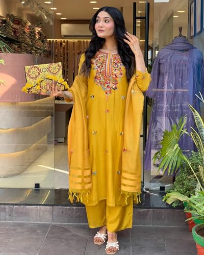Image of ANNI Designer Women's Rayon Viscose Embroidered Straight Kurta with Pant & Dupatta