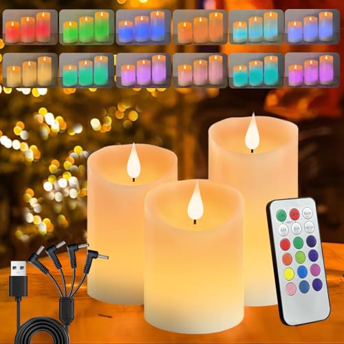 Image of LEDHOLYT Flameless Candle RGB Set, Flickering LED Pillar Real Wax Candle with Remote Control and Timer, Upgraded Blue Flame Heart, Built-in Battery Rechargeable Flameless Candle, 1 Set of 3