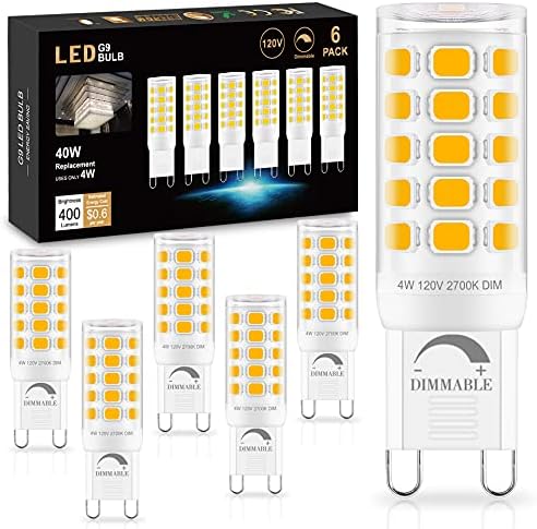 Sailstar 6 Pack Dimmable G9 LED Bulb 2700K Soft Warm White, T4 G9 4W Replacement for 40 Watts Halogen, Ceramic Bi Pin Base, 120V 400 Lumen 360°Beam Angle, G9 Light Bulbs for Chandelier