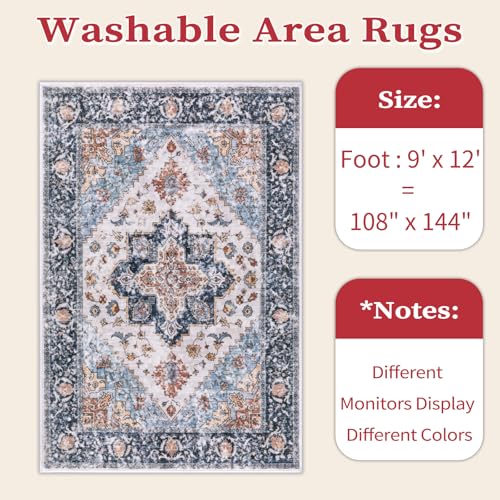 SERISSA Washable Rugs 9x12 Area Rugs, Large Non-Slip Blue Orange Living Room Rug, Ultra Soft Boho Vintage Print Distressed Oriental Farmhouse Carpet for Dining Room Bedroom Dorm Office Home Decor