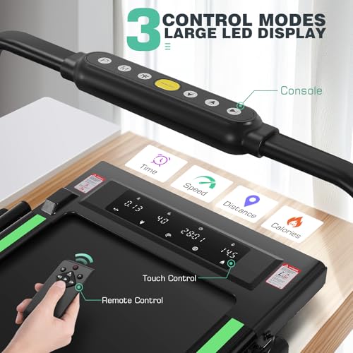 Image of Walking Pad Treadmill Adjustable Height, Under Desk Treadmills with Handle Bar and Incline, 300lbs Capacity Foldable Treadmill with Removable Desk Workstation, Installation-Free(Black Green)