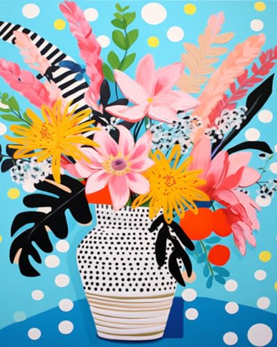 Pintura por números para adultos con motivos de flores en un florero para regalar