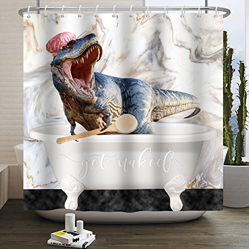 SDOTPMT 120x180cm Get Naked Shower Curtain Funny Dinosaur Showering Ancient Animal Bath Curtain White Grey Marble Luxury Texture Bathtub Curtain for Kids Man Bathroom Polyester with Hooks - Image 3