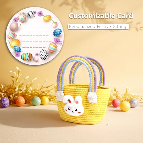 Image of Exun Easter Bunny Basket for Kids, Cute Cotton Tote Bag Hand-Woven Handbag with Rainbow Handles, Easter Egg Hunt Basket Bags for Boys, Girls, Toddler, Babies, Eastergift basket Personalized (Yellow)