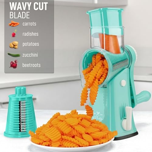 Image of Zulay Kitchen Rotary Cheese Grater 5 Blade Cheese Shredder - Manual Hand Crank Cheese Grater With Reinforced Suction & 5 Interchangeable Drums - Easy to Use, Vegetable Chopper Round Mandoline Slicer