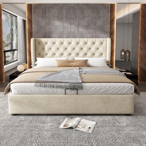 Sairedel Lit tête de lit à oreilles en velours beige anti-tâches 160x200 - Coutures boutons géants, mécanisme hydraulique avec rangement et sommier - Confort et design uniques (Sans matelas)
