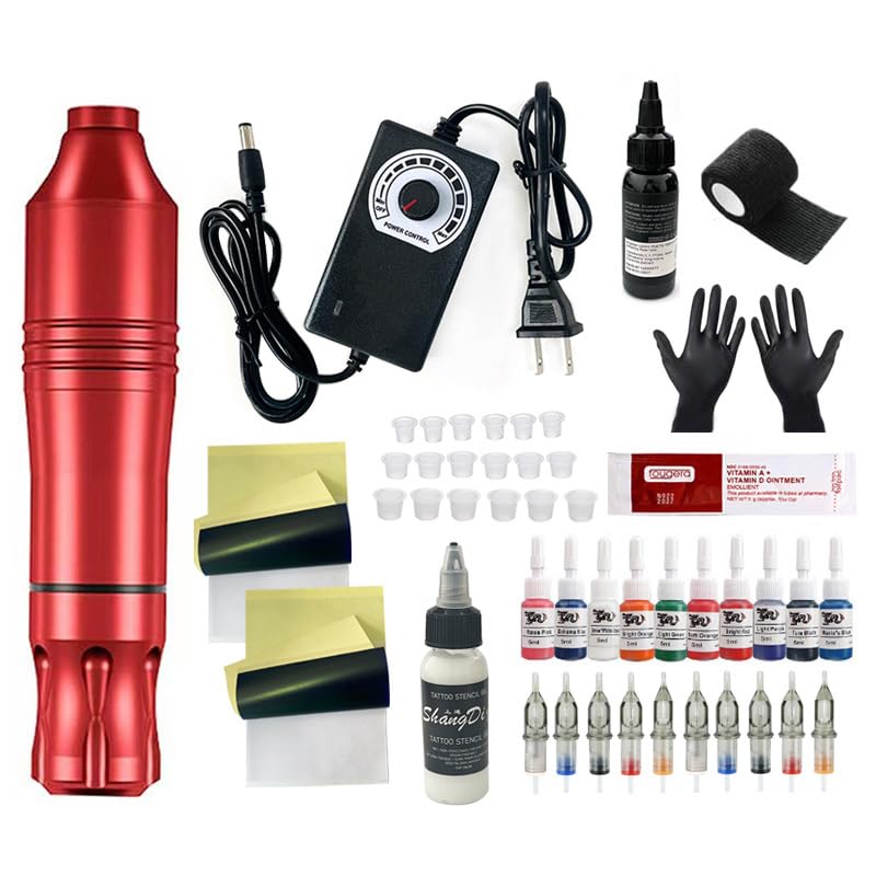 Tattoo Kit Tattoo Gun Complete Tattoo Machine Kit 20 Cartridge Needles 10 Ink Color Set for Supply Practice Skin (Sliver)