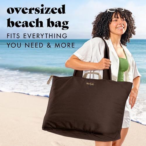 Image of Fit & Fresh XL Beach Tote Bag for Women - XL Travel Tote with Zipper & Pockets, Oversized Canvas Pool Bag, Weekender Carry-On