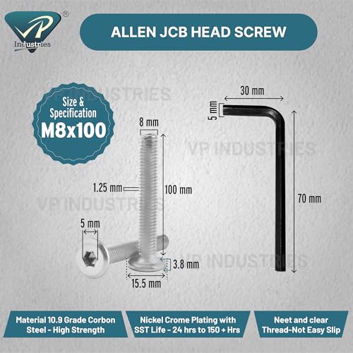 Image of By VP INDUSTRIES (Pcs-15) M8x100 mm Allen JCB Flat Head Screw Nickel Finish | Allen Key Furniture Bolt Fastener for Crib, Bunk Bed, Cot & Barrel Bolt Fittings