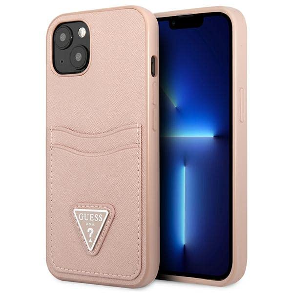 GUESS GUHCP13SPSATPP Coque Rigide pour iPhone 13 Mini 5,4" Rose Saffiano Triangle avec Fente pour Cartes