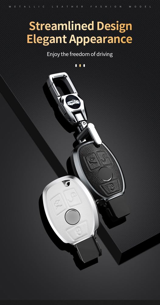 Custodia Portachiavi In Metallo E Pelle Nera Per Mercedes Benz – Adatta A Classe A, B, C, E, S, CLK, AMG (Modelli Selezionati)