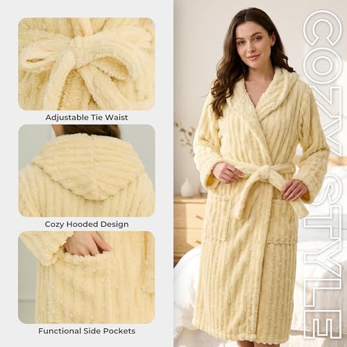 Image of HEARTNICE Fuzzy Soft Robes for Women, Long Plush Hooded Robe Fluffy Warm Bathrobes