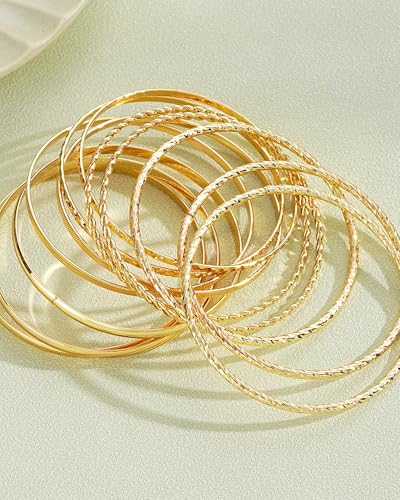 12 Pcs Indian Bangles for Women Vintage Stackable 14k Gold Plated Indian Bangle Bracelets Adjustable Minimalist Textured Gold Brac-elets Wedding Party Prom Jewelry Gifts 6