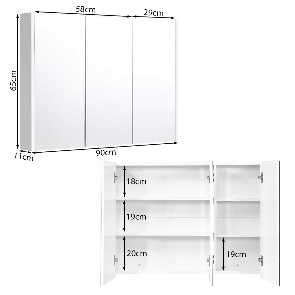 COSTWAY Armadietto Specchio Bagno con 3 Ante, 90 x 65 x 11 cm, Specchiera Bagno a Parete con Mensole Regolabili, Specchiera con Contenitore Salvaspazio per Ingresso e Soggiorno
