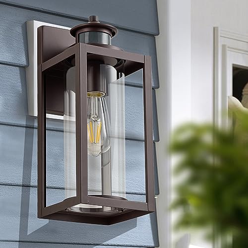 Image of MICSIU 13 Inch Oil Rubbed Bronze Motion Sensor Outdoor Wall Light 1 Pack | Waterproof Dusk to Dawn Exterior Light Fixture with Clear Glass, Outside Light Fixture for Front Porch, Garage, Walkway